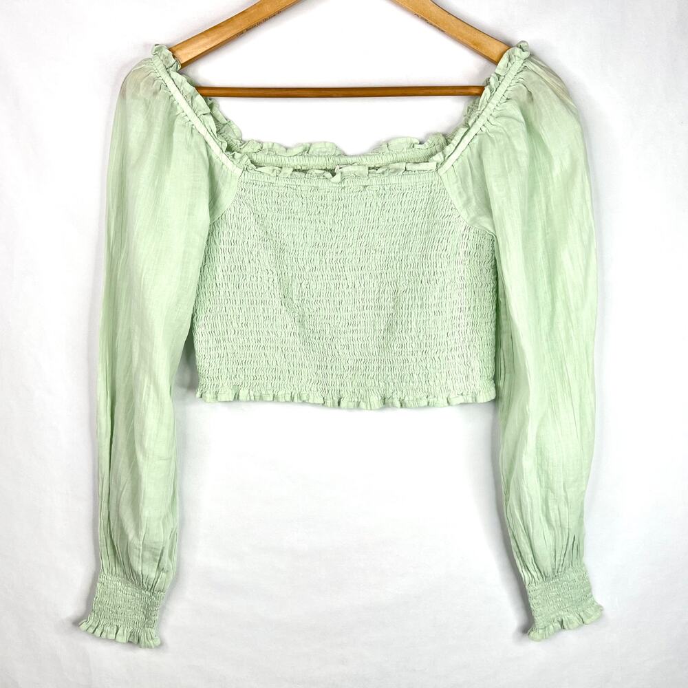Aerie Pastel Green Smocked Puff Sleeve Crop Top Small